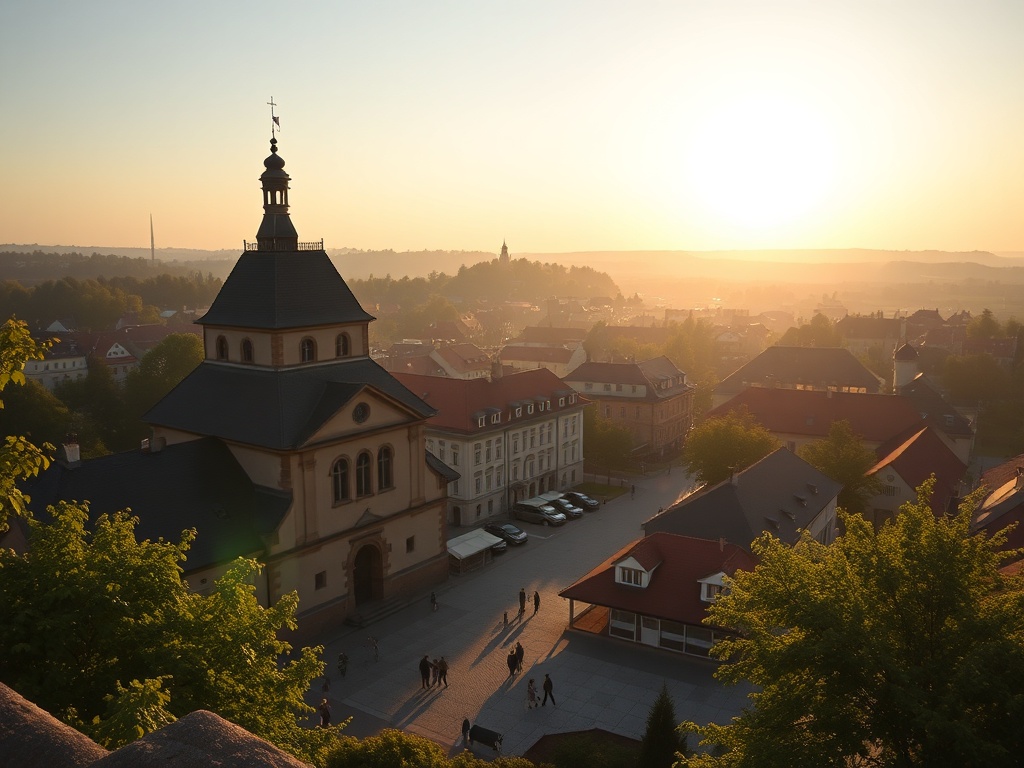 Widok na Bazylikę w Sejnach z wieżą kościelną górującą nad miastem